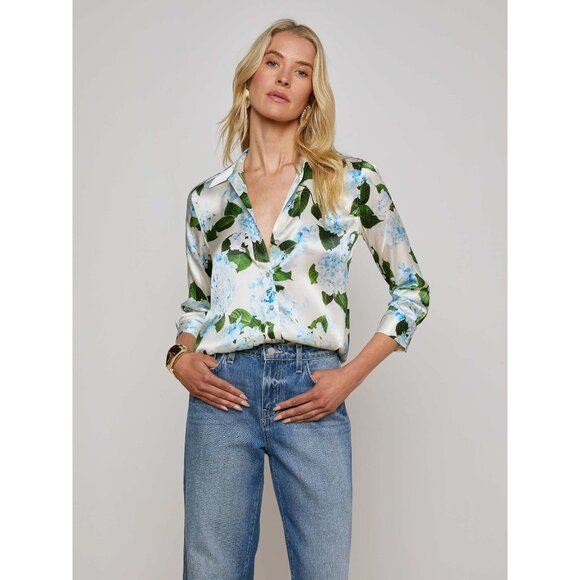 L'AGENCE Tops - L'Agence DANI SILK IVORY/LIGHT BLUE HYDRANGEA BLOUSE TOP SIZE XS